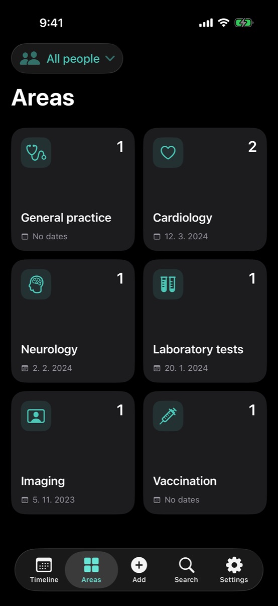 Grid of medical areas, each with a count of documents