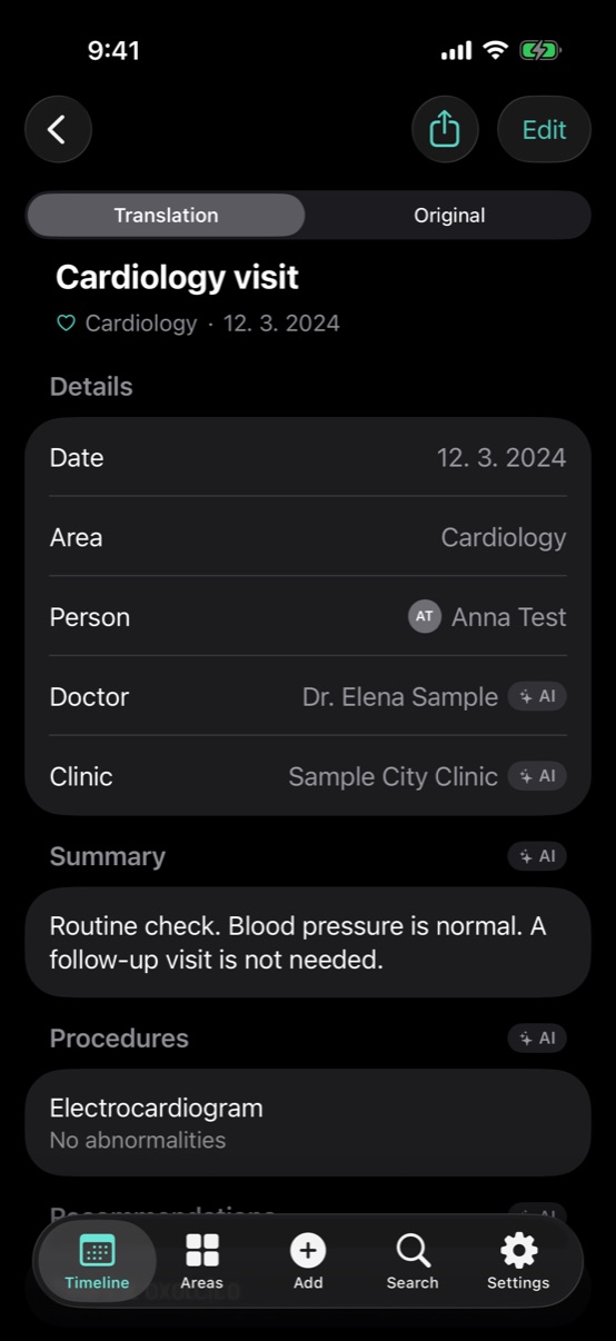 Detail screen with summary, doctor, clinic and procedures