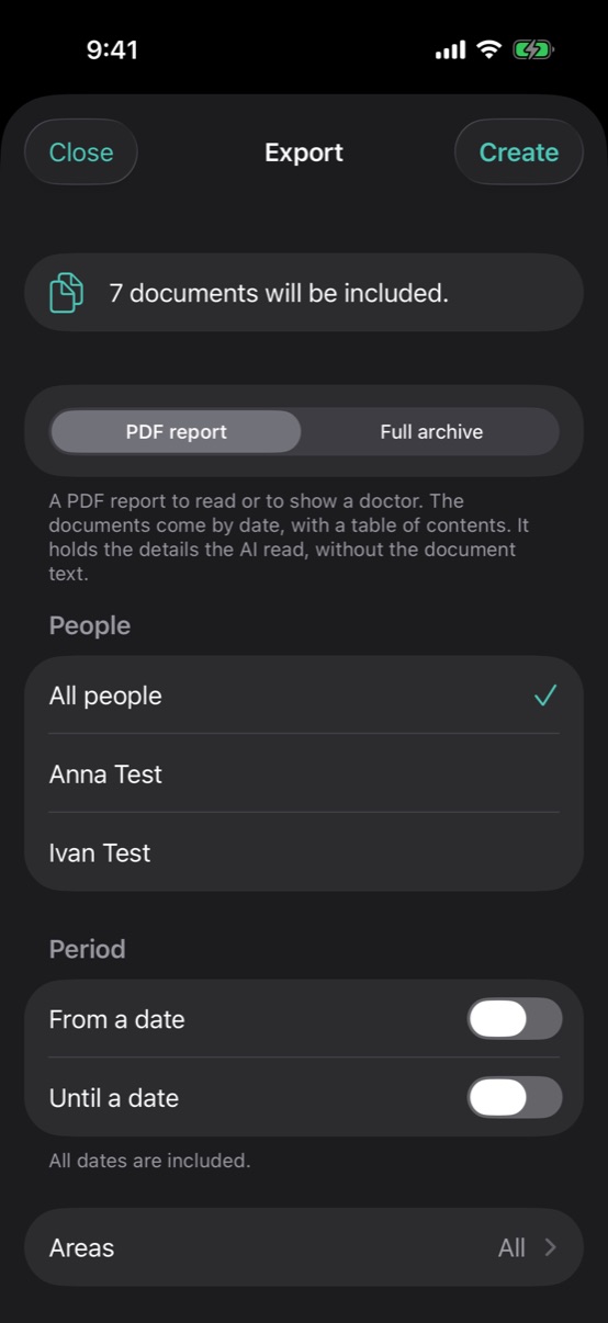 Export form with people, period and medical areas